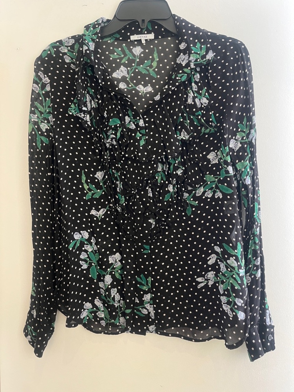 Ganni Black Polka Dot Blouse with Green & White Floral Print